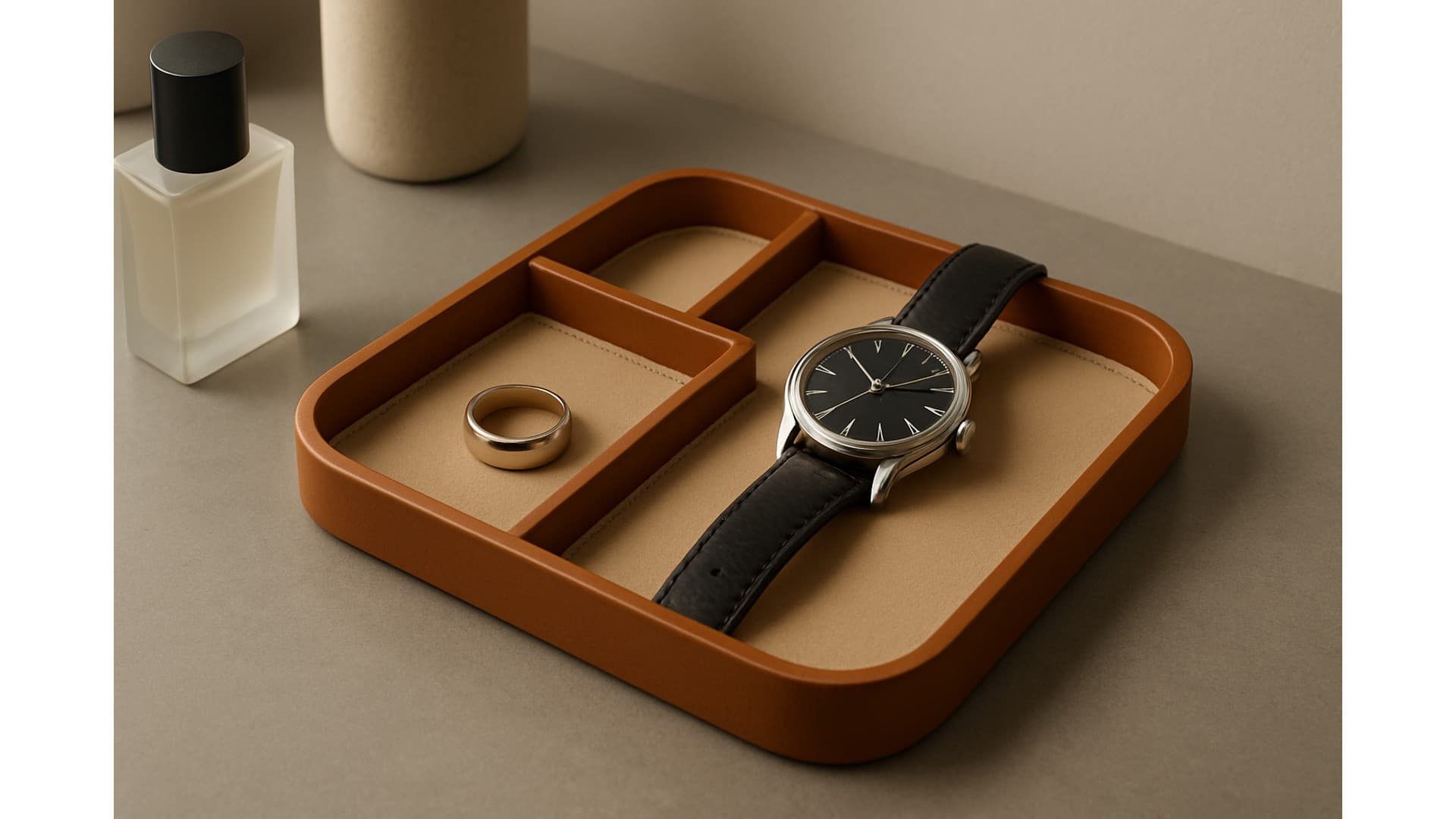 ถาดจัดของตั้งโต๊ะพรีเมี่ยม หนังแท้ที่มีช่องแบ่งถาวร